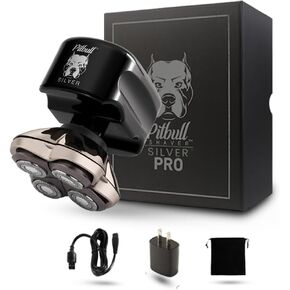 Skull Shaver Pitbull Silver PRO Electric Head & Face Shaver for Men, Wet/Dry 4 Razor Hair Trimmer - 4D Rechargeable Rotary Shaver with Lithium-Ion Battery & Cordless USB - Water Resistant Grooming Kit