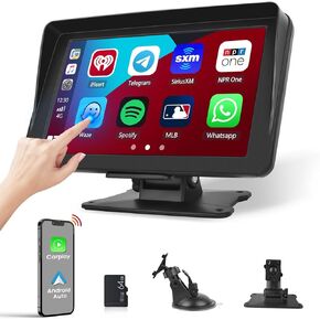 Hikity 7 Inch Wireless Apple Carplay Car Stereo Portable Car Touch Screen Radio, Wireless Android Auto Car Audio Receiver with Bluetooth Airplay AUX Cable & 64G TF