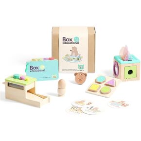 IEATFO Montessori Toys for Babies 9-12 Months, 7-in-1 Wooden Playful Learning Toys with Egg Cup, Castanets, Magic Tissue Box, Textured Shape Puzzle, Cylinder Drop Box and More, Stage-Based Toys