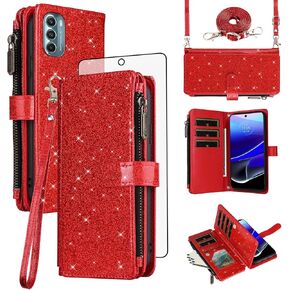 Asuwish Phone Case for Motorola Moto G Stylus 5G 2022 Wallet Cell Cover with Tempered Glass Screen Protector Strap Glitter Zipper Flip Credit Card Holder XT2215-1 XT2215-4 XT2215DL Women Rose Gold