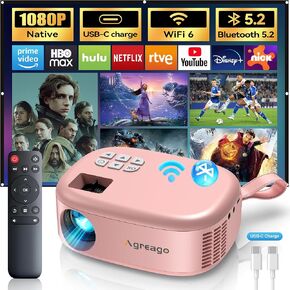 Projector with WiFi and Bluetooth, Agreago Mini Outdoor Portable Projector with USB-C Cable, Focus & ±15% Keystone, Native 1080P Projector 2 Speakers Compatible with TV Stick/Laptop/HDMI