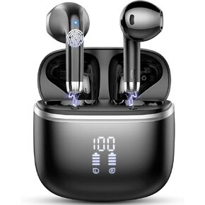 Wireless Earbuds, Bluetooth 5.3 Headphones with 4 ENC Noise Cancelling Mic, HiFi Stereo Deep Bass, IP7 Waterproof Bluetooth Earphones, 50H Playtime, Dual LED Display, Black and Purple