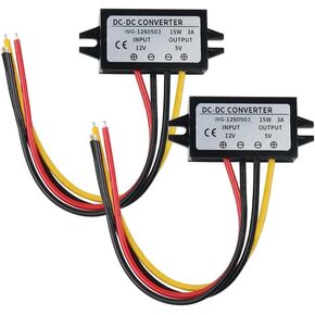 12v to 5v DC DC Converter(2pcs), 5V 3A 15W Voltage Regulator Board Power Supply Module, 12V 24V Waterproof Car Step Down Buck Converter