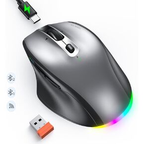 Wireless Bluetooth Mouse for Laptop, LED Ergonomic Mouse with Muitl Device 2.4G Wireless USB +BT1+BT2, Portable Rechargeable Bluetooth Mouse for Laptop PC Computer, Tilt Wheel 4-Way Scrolling Mice