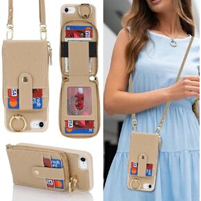 for iPhone SE 2022/2020 iPhone 8 Case with Card Holder for Women,for iPhone 8 Crsosbody Case with Strap Lanyard,7 Wallet Case,Zipper Stand Ring Phone Case with Coin Pocket-Rose Gold