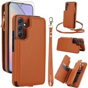 Asuwish Phone Case for Samsung Galaxy S25 Plus S25+ 5G Zipper Wallet Cover with Tempered Glass Screen Protector and Wrist Strap RFID Blocking Card Holder Cell S25plus 25S + S 25 25+ Women Girls Purple