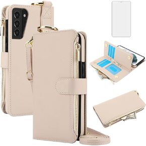 Asuwish Phone Case for Samsung Galaxy S21 Plus S21+ 5G Zipper Wallet with Tempered Glass Screen Protector Strap Card Holder Stand Cell Cover S21+5G S21plus 21S + S 21 21+ G5 Women Girls Pink