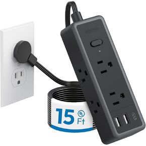 NTONPOWER Pink Extension Cord 15 ft, 1080 Joules Surge Protector Power Strip with 6 Widely Outlets 3 USB (1 USB C), Power Strip Long Cord Flat Plug Extension Cord for Home Office Dorm Room Essentials