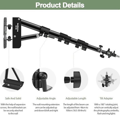 Wellmaking Wall Mount Triangle Boom Arm 53inch/135cm Length Adjustable Support 180° Flexible Rotation, Up to 4.26ft. With Tilt Adapter Light Stand with Standard 1/4 to 3/8 Metal Male Screw Photography in Saudi Arabia