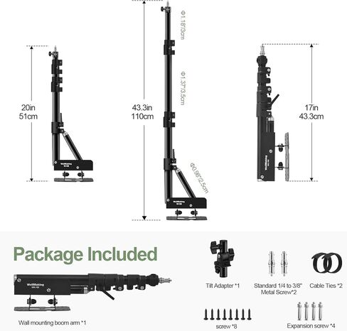 Wellmaking Wall Mount Triangle Boom Arm 53inch/135cm Length Adjustable Support 180° Flexible Rotation, Up to 4.26ft. With Tilt Adapter Light Stand with Standard 1/4 to 3/8 Metal Male Screw Photography in Saudi Arabia
