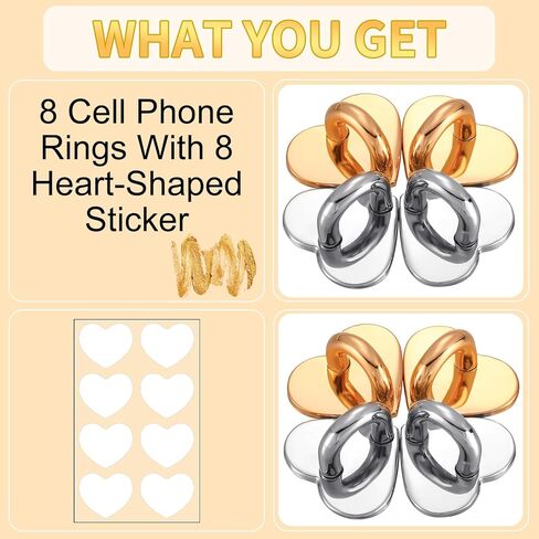 8 Pcs Cell Phone Finger Ring Adhesive Metal Phone Finger Grip Loop Stand Heart Grip Holder Phone Charm Hook for DIY Hanging Supplies (Gold, Silver) in Kuwait