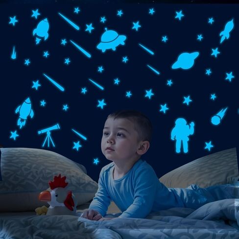 435pcs Glow in The Dark Stickers,Glow in The Dark Stars for Ceiling,Glow in The Dark Moon Universe Wall Stickers Outer Space Decal for Kids Boys Bedroom Decor Christmas Gift Blue Glow in Saudi Arabia