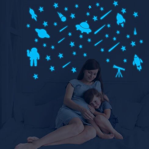 435pcs Glow in The Dark Stickers,Glow in The Dark Stars for Ceiling,Glow in The Dark Moon Universe Wall Stickers Outer Space Decal for Kids Boys Bedroom Decor Christmas Gift Blue Glow in Saudi Arabia