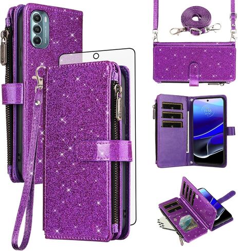 Asuwish Phone Case for Motorola Moto G Stylus 5G 2022 Wallet Cell Cover with Tempered Glass Screen Protector Strap Glitter Zipper Flip Credit Card Holder XT2215-1 XT2215-4 XT2215DL Women Rose Gold in Saudi Arabia
