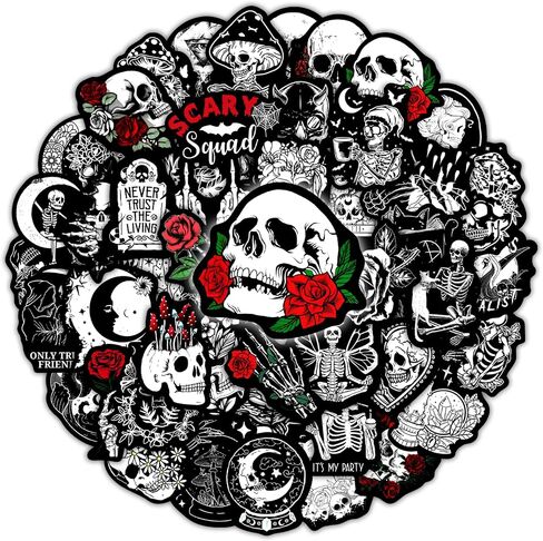 50PCS Glow in The Dark Cool Gothic Skull Water Bottle Stickers, Black and White Skeleton Sticker for Adults, Waterproof Vinyl Laptop Decals, Phone Case Car Skateboard Luggage Scrapbook Decoration in Saudi Arabia