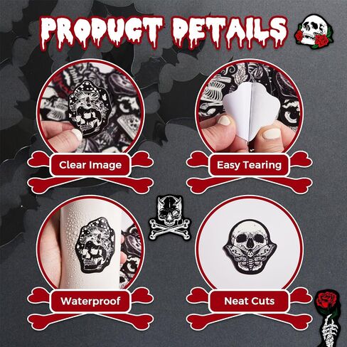 50PCS Glow in The Dark Cool Gothic Skull Water Bottle Stickers, Black and White Skeleton Sticker for Adults, Waterproof Vinyl Laptop Decals, Phone Case Car Skateboard Luggage Scrapbook Decoration in Saudi Arabia