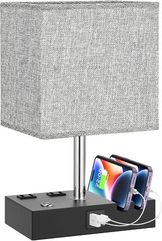 Kakanuo Fully Dimmable Nightstand Lamp for Bedroom with USB C Ports, Grey Small Bedside Table Lamp with Charging Outlets and Phone Stands, Wooden Desk Lamp for Living Room, LED Bulb Included in Saudi Arabia