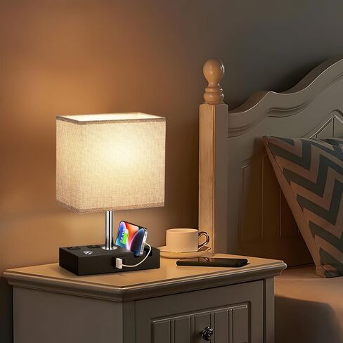 Kakanuo Fully Dimmable Nightstand Lamp for Bedroom with USB C Ports, Grey Small Bedside Table Lamp with Charging Outlets and Phone Stands, Wooden Desk Lamp for Living Room, LED Bulb Included in Saudi Arabia