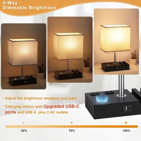 Kakanuo Fully Dimmable Nightstand Lamp for Bedroom with USB C Ports, Grey Small Bedside Table Lamp with Charging Outlets and Phone Stands, Wooden Desk Lamp for Living Room, LED Bulb Included in Saudi Arabia