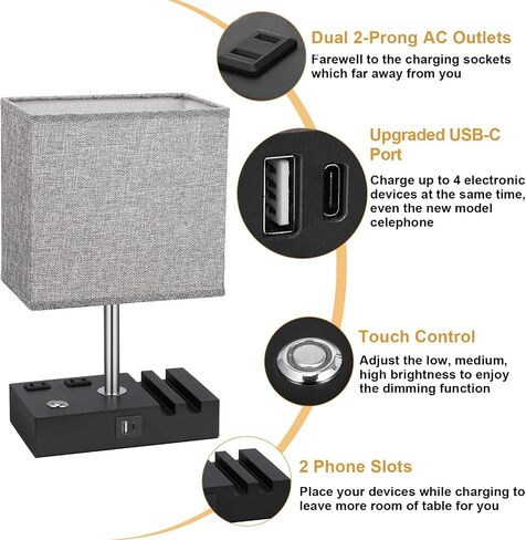 Kakanuo Fully Dimmable Nightstand Lamp for Bedroom with USB C Ports, Grey Small Bedside Table Lamp with Charging Outlets and Phone Stands, Wooden Desk Lamp for Living Room, LED Bulb Included in Saudi Arabia