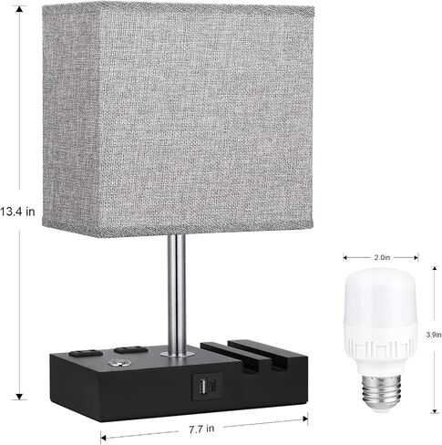 Kakanuo Fully Dimmable Nightstand Lamp for Bedroom with USB C Ports, Grey Small Bedside Table Lamp with Charging Outlets and Phone Stands, Wooden Desk Lamp for Living Room, LED Bulb Included in Saudi Arabia