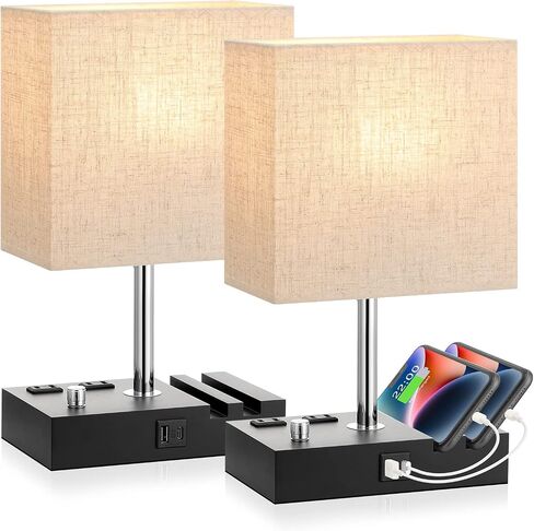 Kakanuo Fully Dimmable Nightstand Lamp for Bedroom with USB C Ports, Grey Small Bedside Table Lamp with Charging Outlets and Phone Stands, Wooden Desk Lamp for Living Room, LED Bulb Included in Saudi Arabia