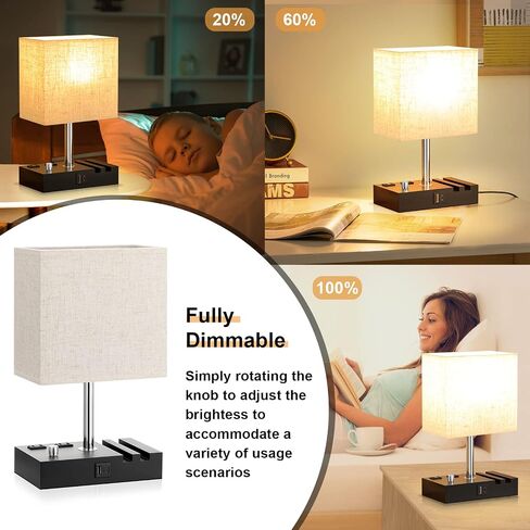 Kakanuo Fully Dimmable Nightstand Lamp for Bedroom with USB C Ports, Grey Small Bedside Table Lamp with Charging Outlets and Phone Stands, Wooden Desk Lamp for Living Room, LED Bulb Included in Saudi Arabia