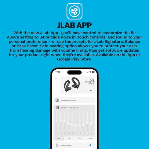 سماعات أذن JLab Epic Air Sport ANC Gen 2 True لاسلكية بلوتوث، سماعات رأس للتمرين، مقاومة للتعرق IP66، عمر بطارية 15 ساعة + علبة شحن 55 ساعة، عناصر تحكم بالموسيقى، 3 إعدادات صوت EQ، بلاط in Kuwait
