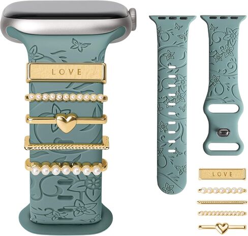 Charm+Band for Apple Watch Bands 40mm 41mm 38mm 44mm 45mm 46mm 42mm Women Men,Floral Engraved Silicone Sport Band+Decorative Ring Loops for iWatch Series 10 9 8 7 6 5 4 3 SE Ultra/2 49mm,Jewelry Strap in Saudi Arabia