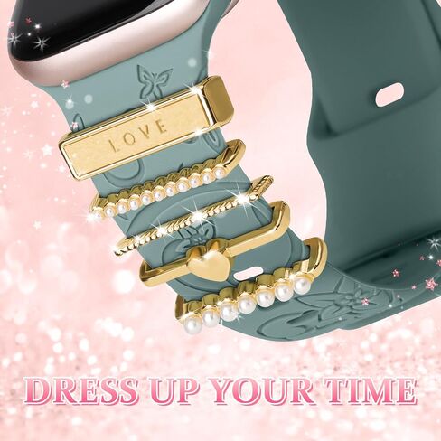 Charm+Band for Apple Watch Bands 40mm 41mm 38mm 44mm 45mm 46mm 42mm Women Men,Floral Engraved Silicone Sport Band+Decorative Ring Loops for iWatch Series 10 9 8 7 6 5 4 3 SE Ultra/2 49mm,Jewelry Strap in Saudi Arabia