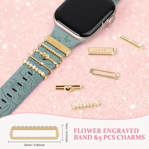 Charm+Band for Apple Watch Bands 40mm 41mm 38mm 44mm 45mm 46mm 42mm Women Men,Floral Engraved Silicone Sport Band+Decorative Ring Loops for iWatch Series 10 9 8 7 6 5 4 3 SE Ultra/2 49mm,Jewelry Strap in Saudi Arabia