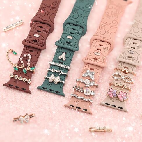 Charm+Band for Apple Watch Bands 40mm 41mm 38mm 44mm 45mm 46mm 42mm Women Men,Floral Engraved Silicone Sport Band+Decorative Ring Loops for iWatch Series 10 9 8 7 6 5 4 3 SE Ultra/2 49mm,Jewelry Strap in Saudi Arabia