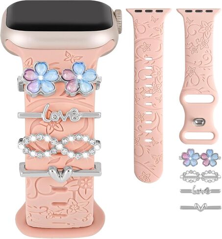 Charm+Band for Apple Watch Bands 40mm 41mm 38mm 44mm 45mm 46mm 42mm Women Men,Floral Engraved Silicone Sport Band+Decorative Ring Loops for iWatch Series 10 9 8 7 6 5 4 3 SE Ultra/2 49mm,Jewelry Strap in Saudi Arabia