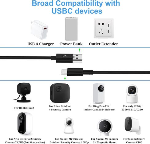 10M/33ft USB C كابل تمديد الطاقة متوافق مع Xiaomi Mi Camera 2K Eufy CAM C210 S350 CCTV حلقة أمان كاميرا أمان إضافية USB طويلة إلى USBC كابل تمديد كاميرات الأمان الأبيض in Kuwait