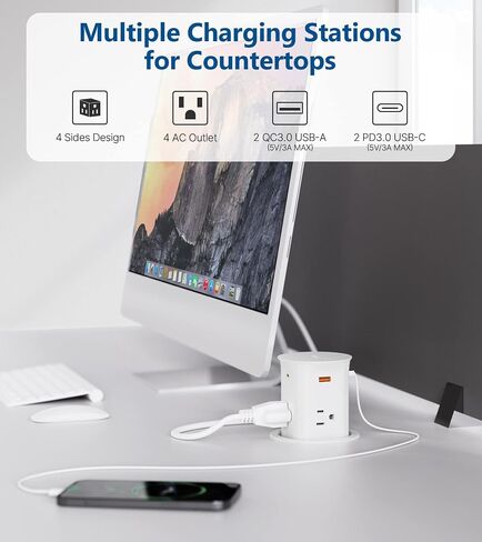 Pop up Outlet for Countertop,PD 20W USB C Fast Charging,3.15" Desk Grommet Power Station,4 Outlets,4-USB, Kitchen Island Pop Up Electrical Outlet, Office Recessed Power Supply,6ft Cord, Black in Saudi Arabia