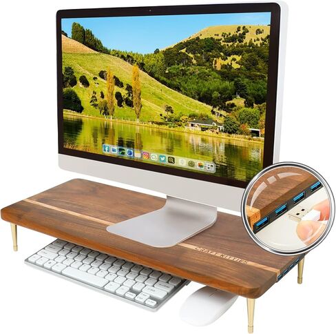 حامل شاشة خشبي من CRAFT KITTIES مع منافذ USB وحامل كمبيوتر مع فتحة للكمبيوتر اللوحي والهاتف المحمول مع وحدة تخزين كبيرة، وحامل شاشة مزدوج للكمبيوتر الشخصي والكمبيوتر المحمول والطابعة in Kuwait