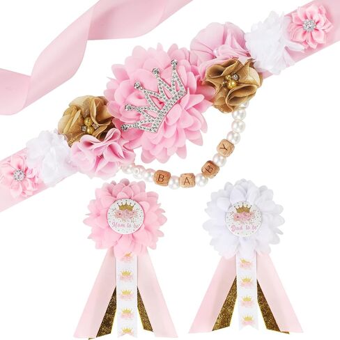 Princess Baby Shower Maternity Sash Kit - Purple and Gold Princess Baby Shower Belly Belt and Mom to Be & Dad to Be Corsage Pins, New Parents Pregnancy Photo Props Party Supplies in Saudi Arabia
