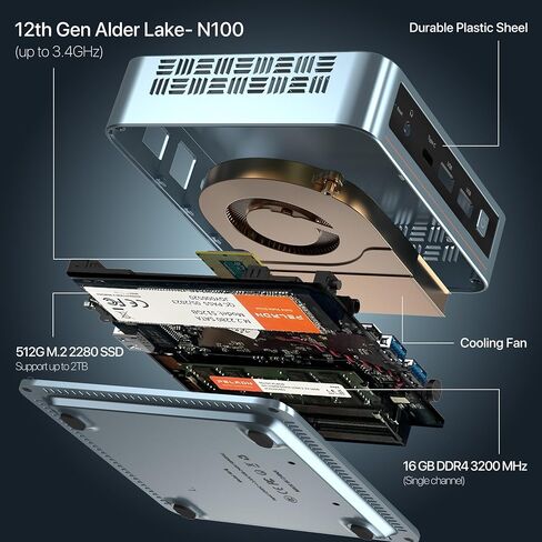 جهاز كمبيوتر صغير PELADN WI-6، الجيل الثاني عشر - N100 (يصل إلى 3.4 جيجا هرتز)، ذاكرة وصول عشوائي DDR4 سعة 8 جيجا بايت وسعة 256 جيجا بايت M.2 PCIe SSD، يدعم الكمبيوتر المكتبي شاشة مزدوجة 4K/USB3.2/WiFi 5/BT4.2 in Kuwait