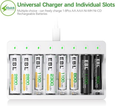 EBL Rechargeable AAA Batteries 8 Pack, Triple AAA Batteries 1100mAh High Capacity, 1200 Recharge Cycles, Pre-Charged 1.2V NiMH AAA Battery with Individual Battery Charger in Kuwait