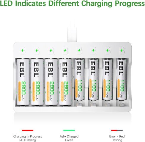 EBL Rechargeable AAA Batteries 8 Pack, Triple AAA Batteries 1100mAh High Capacity, 1200 Recharge Cycles, Pre-Charged 1.2V NiMH AAA Battery with Individual Battery Charger in Kuwait