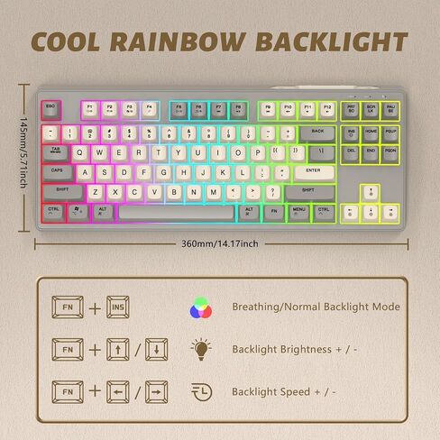 FELICON M87 Wireless Keyboard, Dual Mode Bluetooth/2.4Ghz, 87 Keys TKL Rainbow Backlit, PBT Round Kecaps, 4000mAh Rechargeable Mute Membrane Keyboard with Mechanical Feeling for MAC/Win - Blueberry in Saudi Arabia
