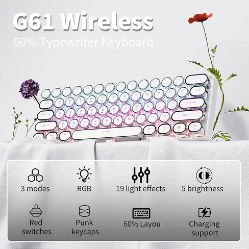 EWEADN G61 Wireless Mechanical Typewriter Keyboard, 60% Mini with Rainbow Backlit, Anti-Ghosting, Red Switch Bluetooth/2.4GHz/USB-C Cute Aesthetic Keyboard-White in Saudi Arabia