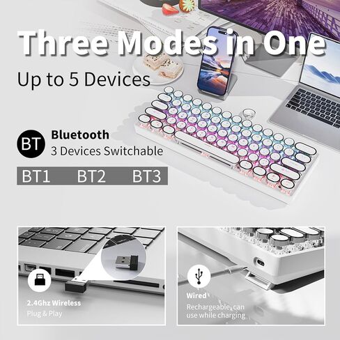 EWEADN G61 Wireless Mechanical Typewriter Keyboard, 60% Mini with Rainbow Backlit, Anti-Ghosting, Red Switch Bluetooth/2.4GHz/USB-C Cute Aesthetic Keyboard-White in Saudi Arabia