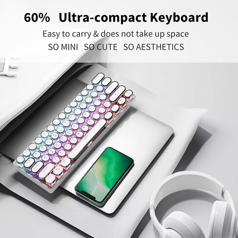 EWEADN G61 Wireless Mechanical Typewriter Keyboard, 60% Mini with Rainbow Backlit, Anti-Ghosting, Red Switch Bluetooth/2.4GHz/USB-C Cute Aesthetic Keyboard-White in Saudi Arabia