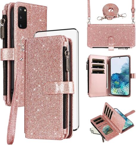 Asuwish Phone Case for Samsung Galaxy S20 5G 6.2 inch Wallet Stand Slot Cell Cover with Tempered Glass Screen Protector Strap Bling Glitter Zipper Flip Credit Card Holder S 20 20S UW S2O G5 Women Red in Saudi Arabia