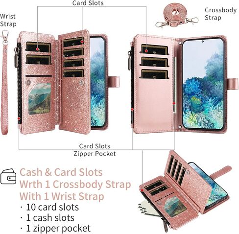 Asuwish Phone Case for Samsung Galaxy S20 5G 6.2 inch Wallet Stand Slot Cell Cover with Tempered Glass Screen Protector Strap Bling Glitter Zipper Flip Credit Card Holder S 20 20S UW S2O G5 Women Red in Saudi Arabia