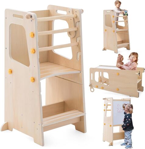 Toddler Standing Tower, Toddler Kitchen Stool Helper with Whiteboard, Adjustable Height Kids Learning Tower with Anti-Slip Protection, Kids Step Stool with Safety Feet for Kitchen Bathroom in Saudi Arabia