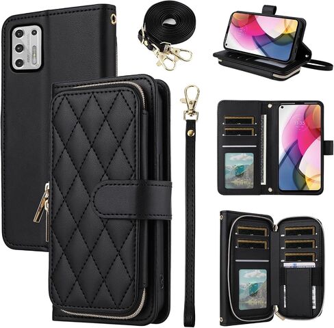 Argyle Wallet Case for Moto G Play 2021 with Wrist Strap Shoulder Strap, 9+ Card Slots Zipper Purse, Luxury PU Leather Stand Phone Cover for Motorola GPlay2021 6.5 XT2093DL XT2093-7 Deep Purple in Saudi Arabia
