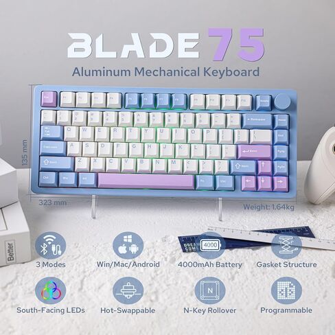 Blade75 Wireless Aluminum Mechanical Gaming Keyboard, Gasket Creamy Keyboard, BT5.0/2.4GHz/USB-C Hot Swappable Custom Keyboard with Knob, RGB Backlit, NKRO for Win/Mac/Games/Office (Black) in Kuwait