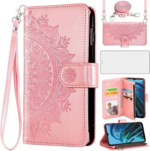 Asuwish Phone Case for TCL 30XE/30V/4X/20AX/20A/20R/Bremen 5G Wallet Cell Cover with Screen Protector Lanyard Wrist Strap Mandala Flower Zipper Card Holder TLC T601DL 30 XE XE5G V 20 AX R A 6.67 Red in Saudi Arabia